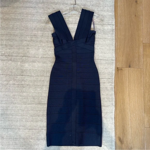 Herve Leger v-neck sleeveless bandage mini dress midnight blue navy sz XS EUC - Picture 3 of 8